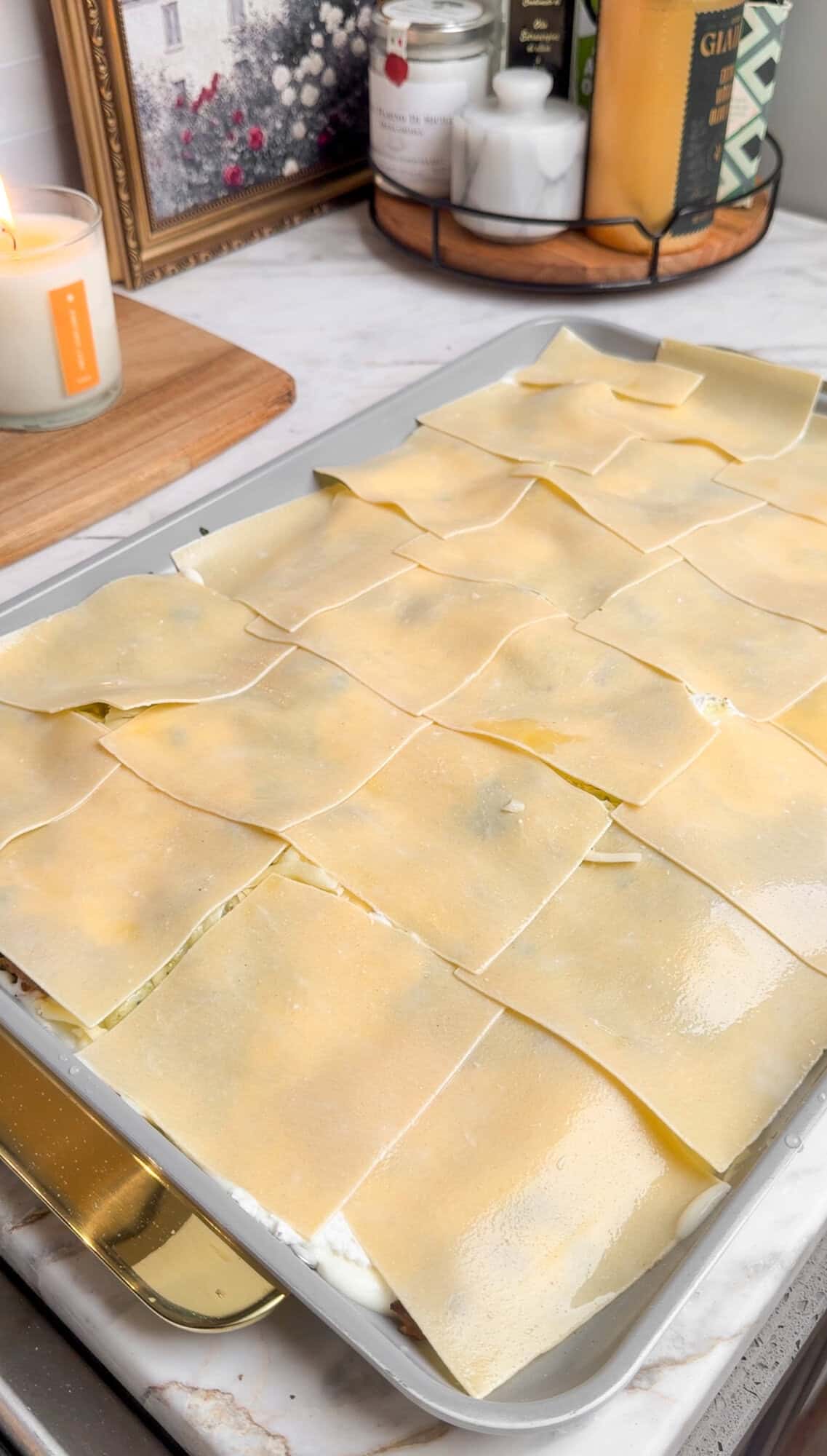 second layer of creamy alfredo sheet pan lasagna