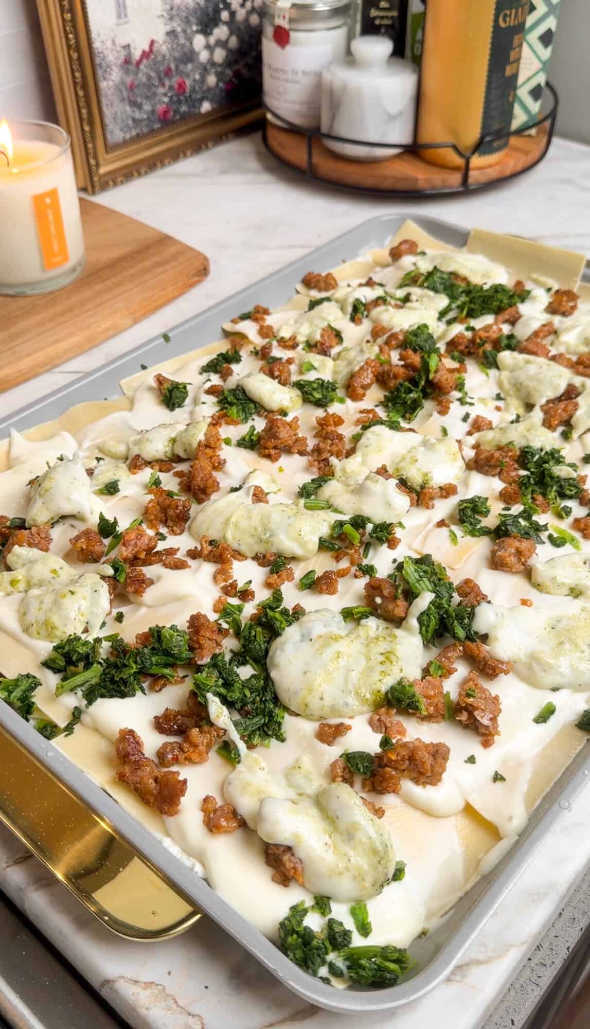 second layer of alfredo sheet pan lasagna