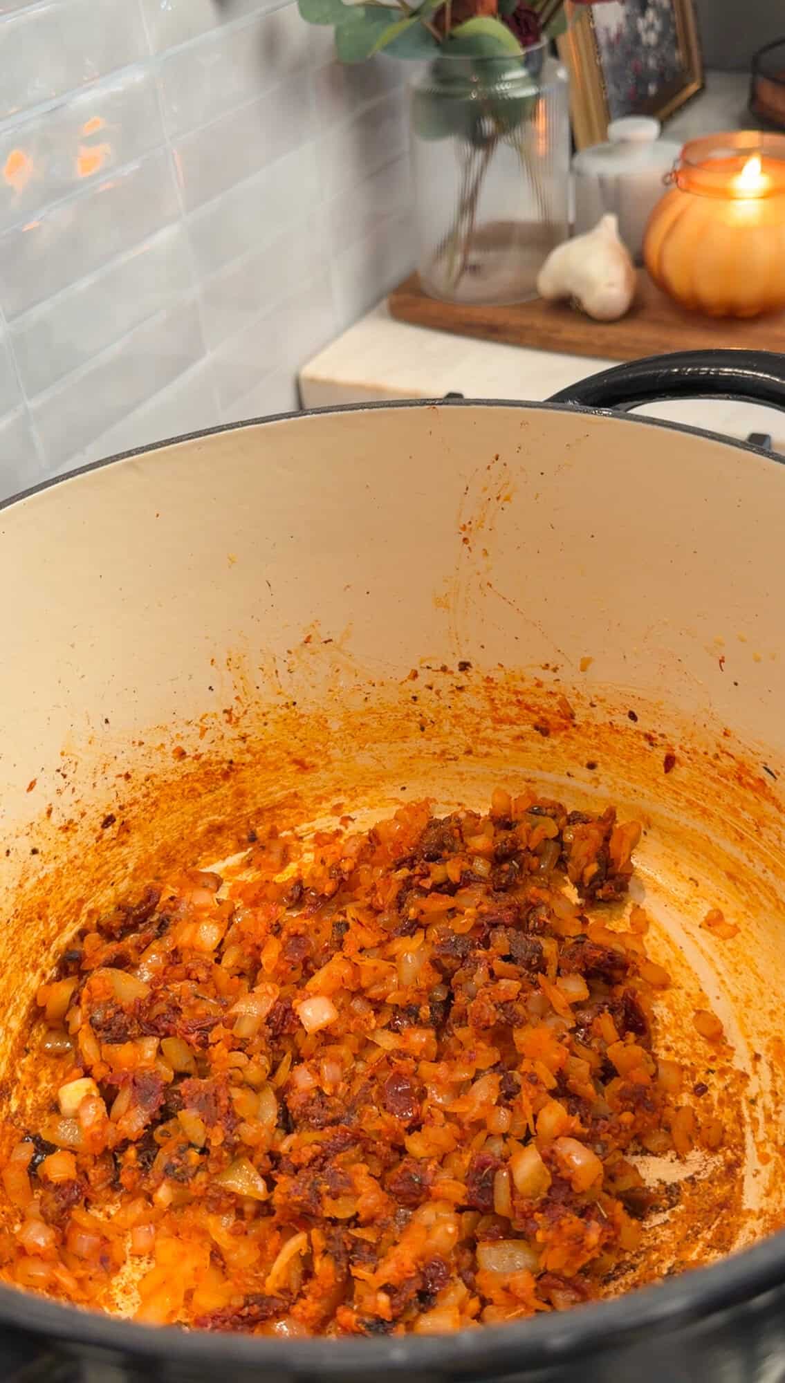 sautéing the aromatics for sausage gnocchi soup