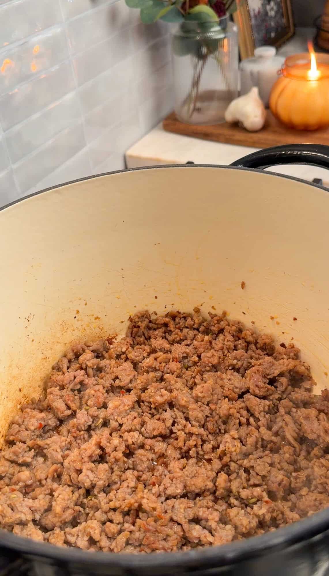 browning sausage in a dutch oven
