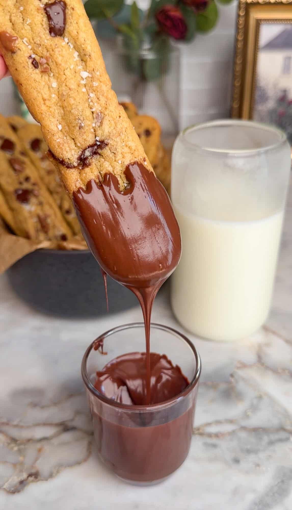 cookies fries dipping in chocolate
