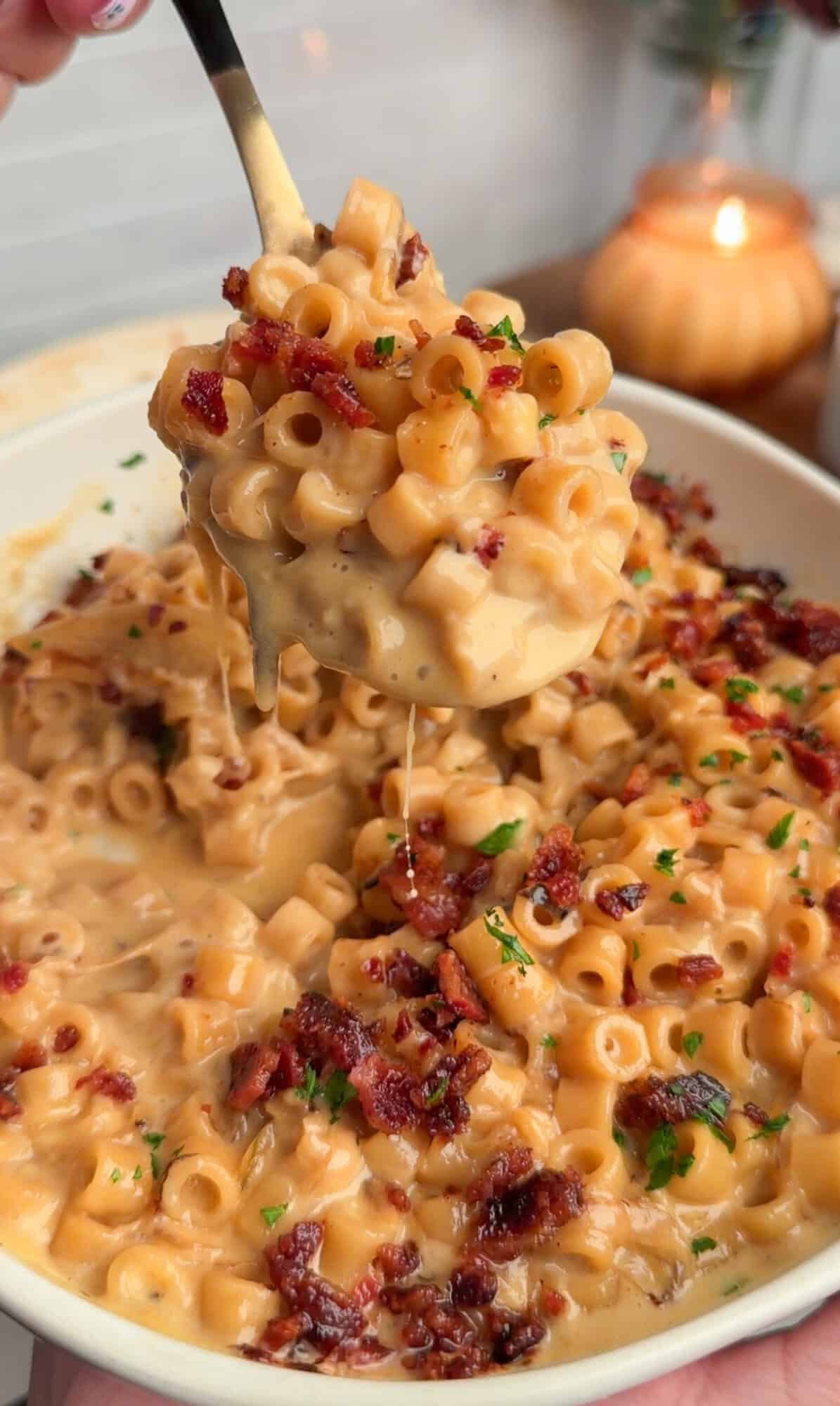 french onion mac and cheese in a bowl