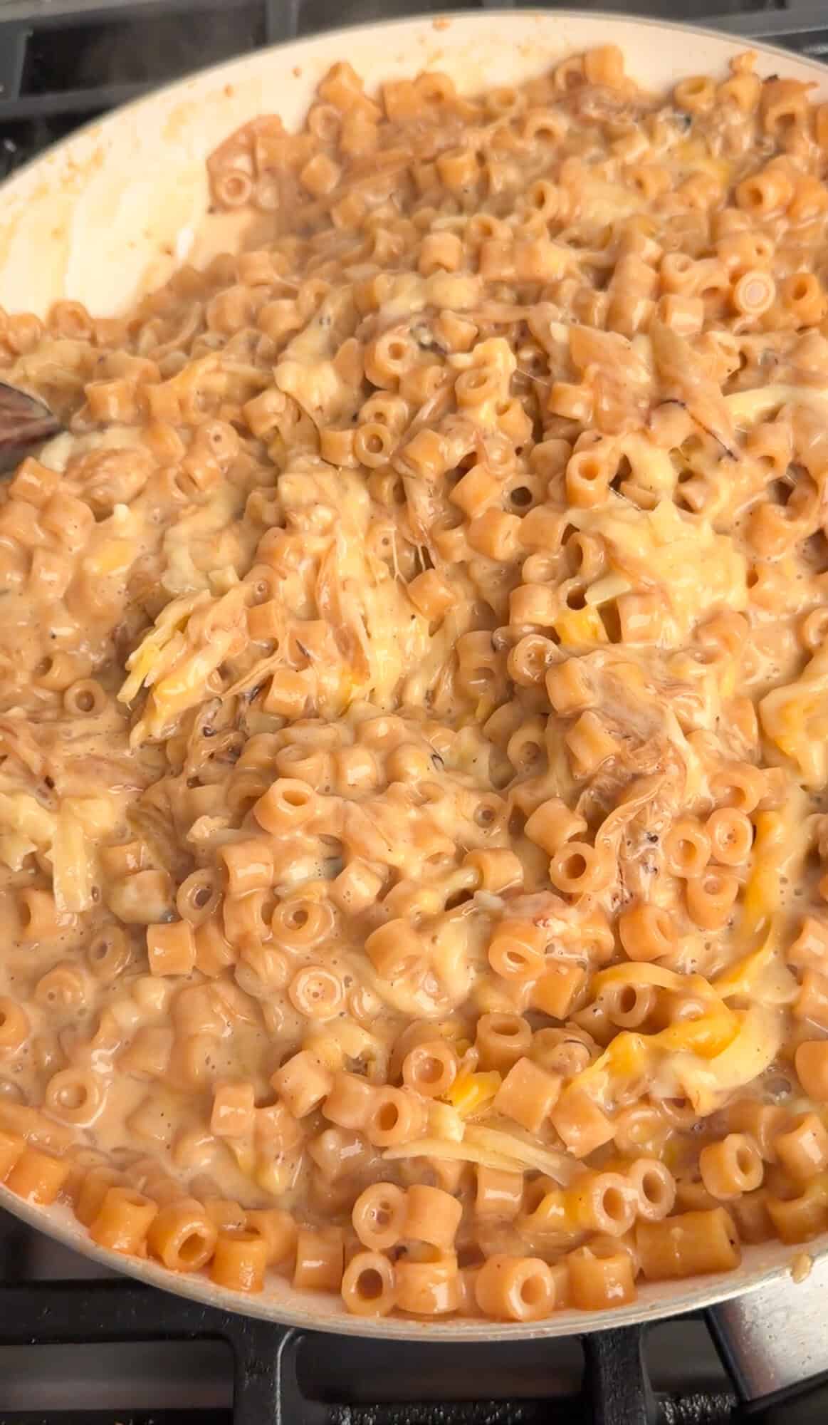 cheeses added to one pan french onion mac and cheese