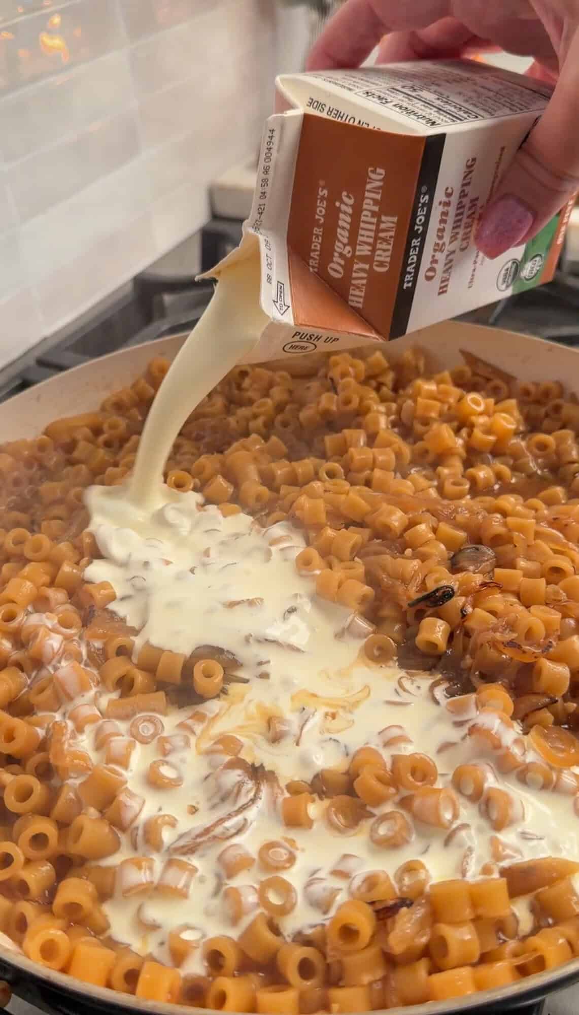 heavy cream added to one pan french onion mac and cheese