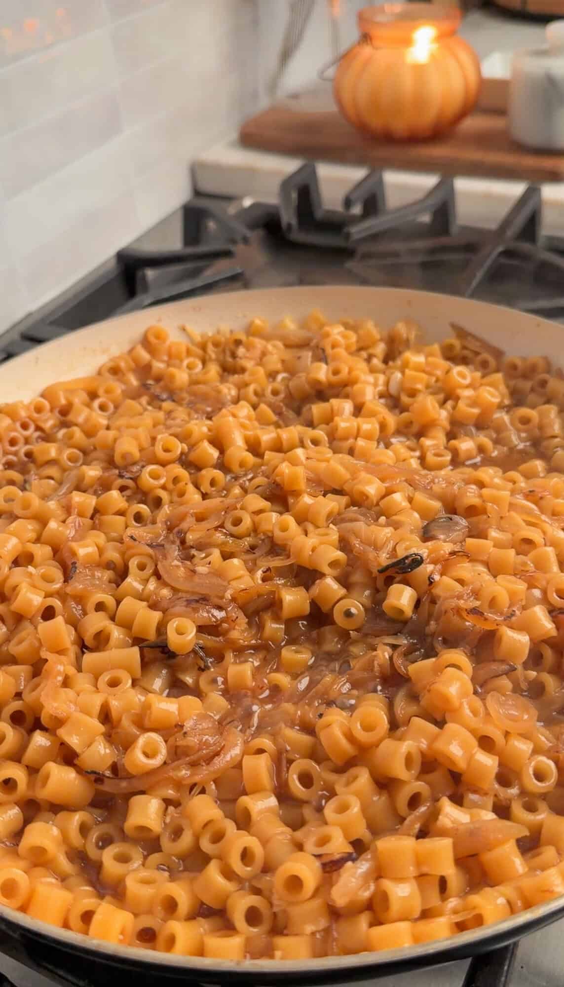 ditalini cooking in the beef broth