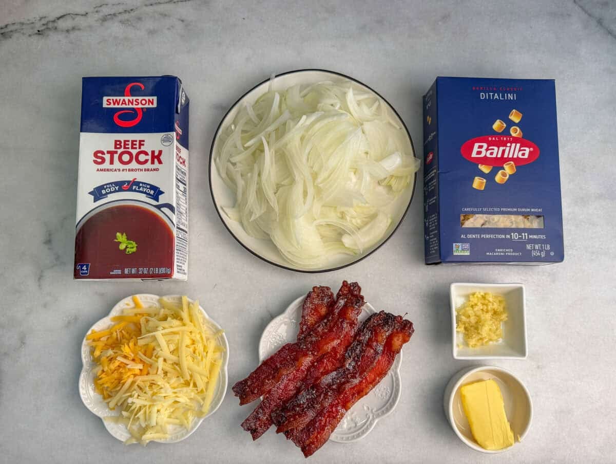 ingredients for french onion mac and cheese