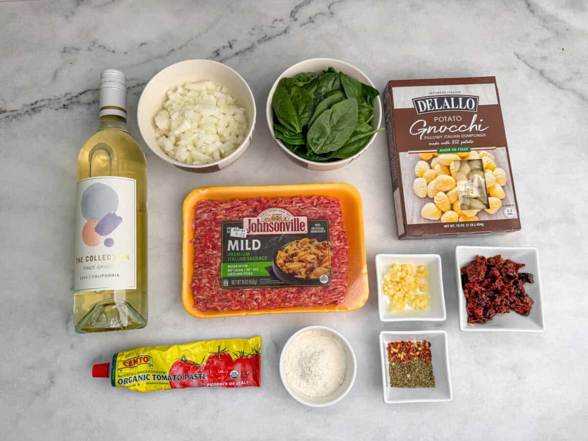 some of the ingredients needed for sausage gnocchi soup