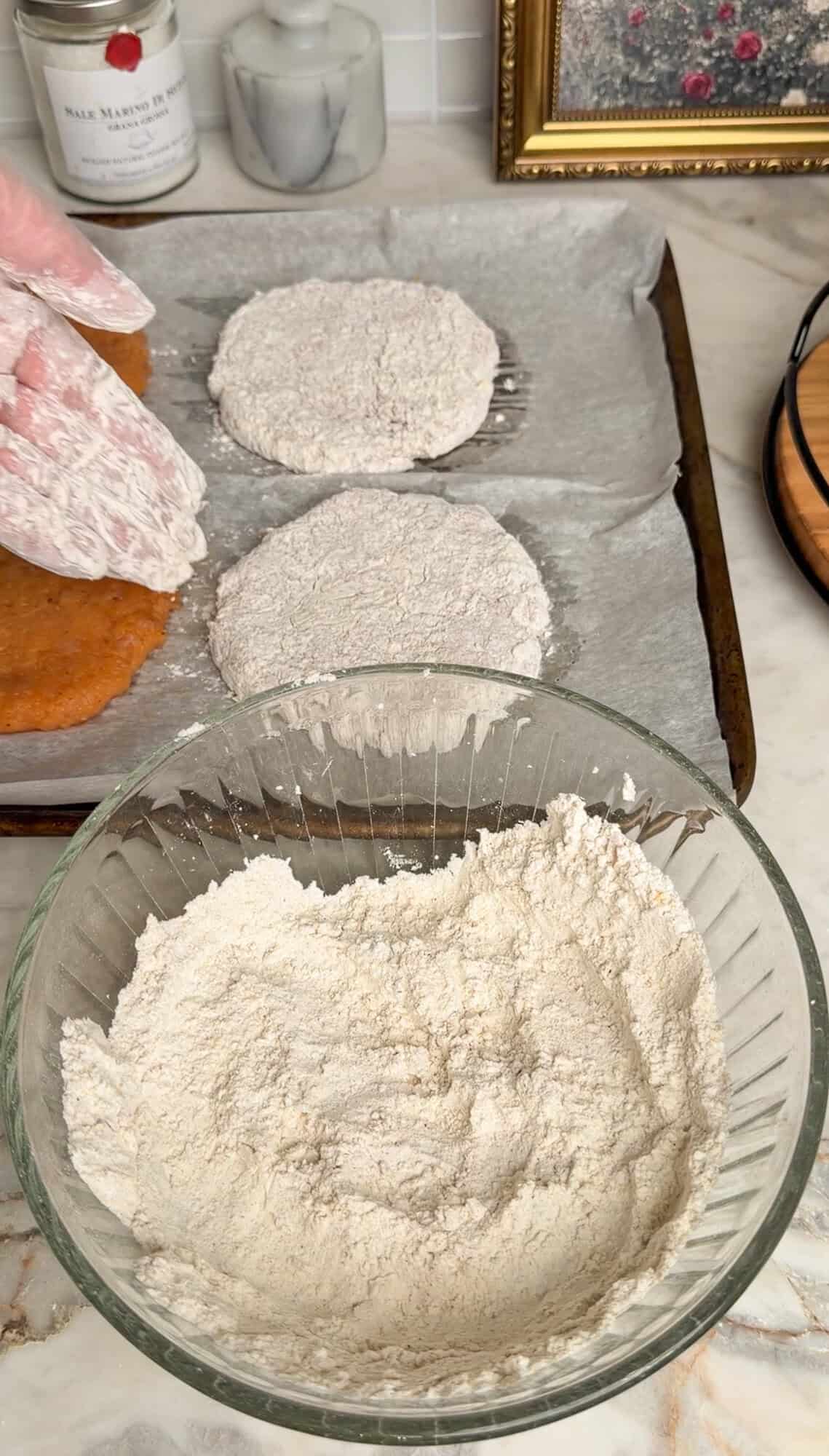 dredging mcchicken in flour mixture