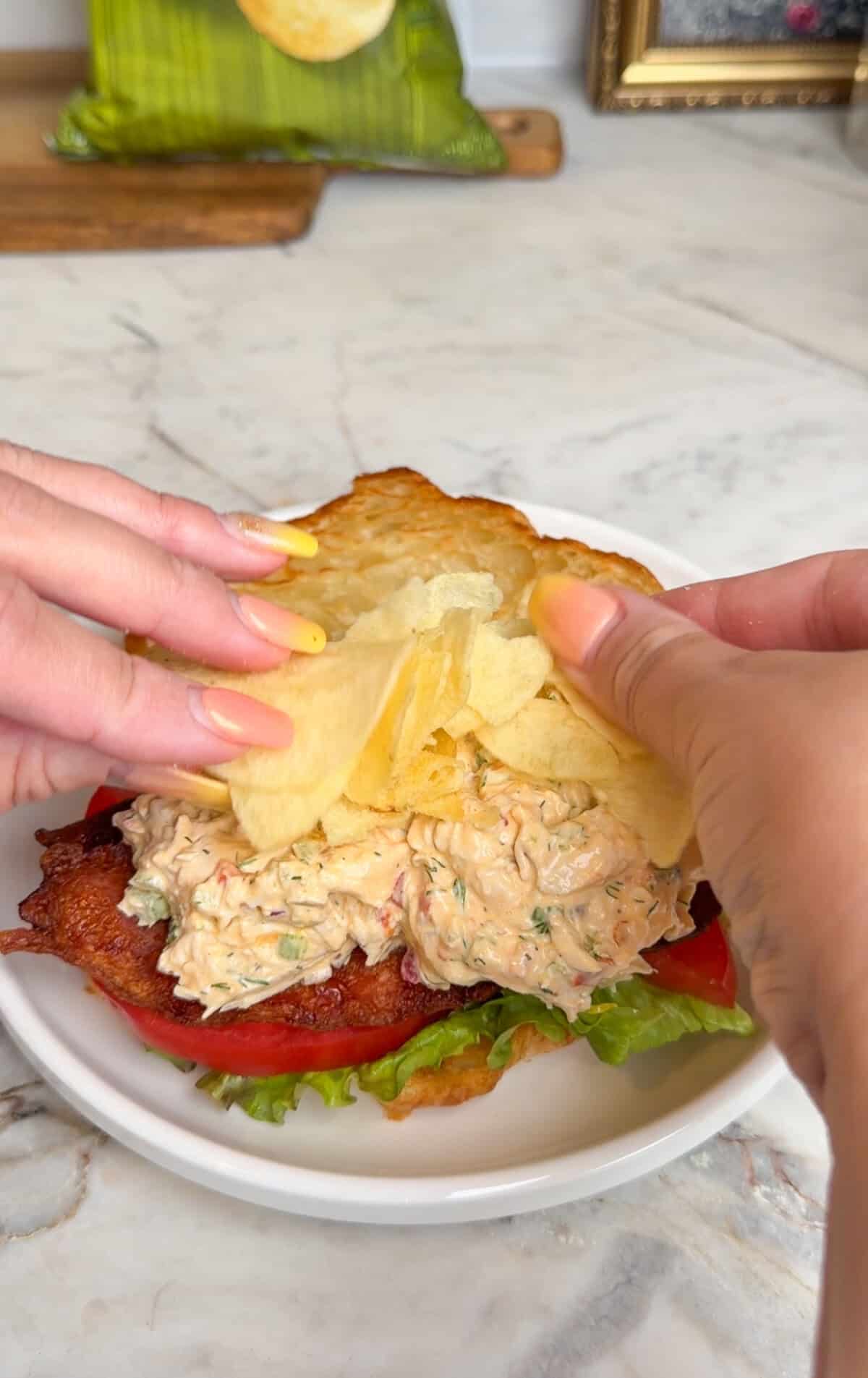 topping chicken salad sandwich with dill pickle chips