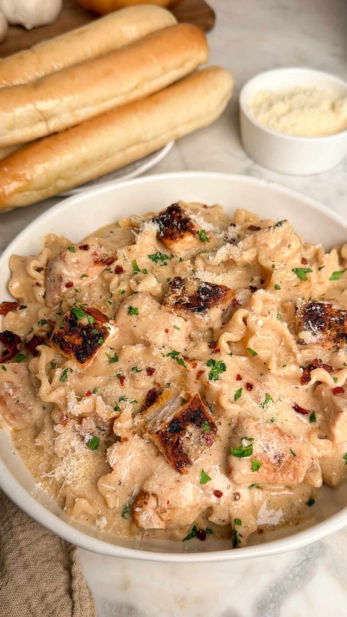 chicken alfredo soup with breadsticks