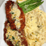 cheesecake factory copycat chicken costoletta with mashed potatoes and asparagus