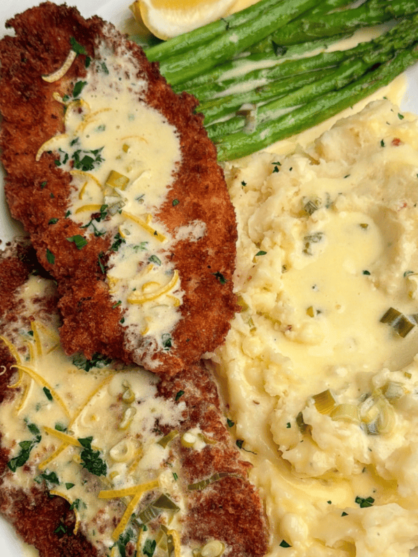 cheesecake factory copycat chicken costoletta with mashed potatoes and asparagus