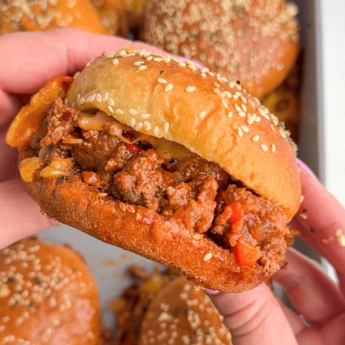 Hands holding a homemade sloppy Joe up to the camera.