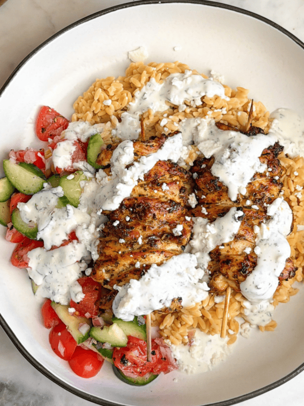 Overhead image of a Greek chicken bowl.