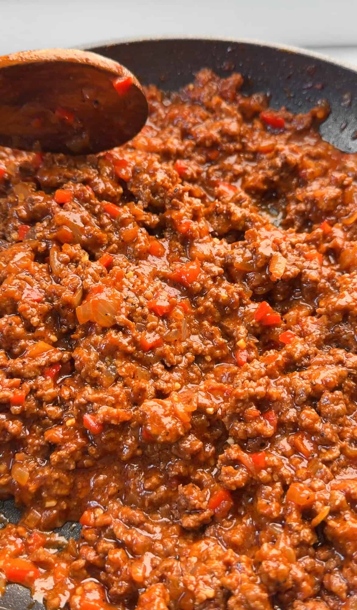 Sloppy Joe filling in a skillet.
