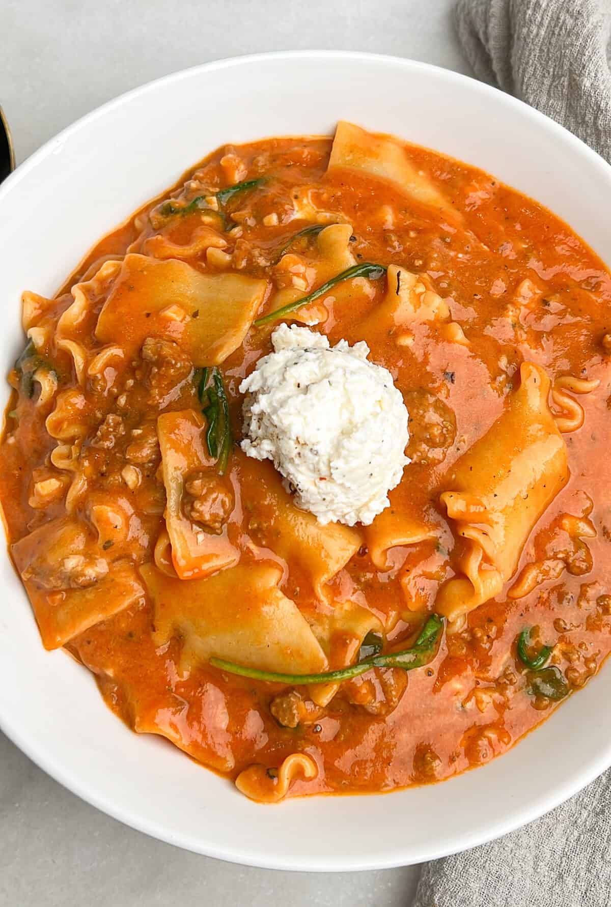 thick and creamy lasagna soup in a bowl