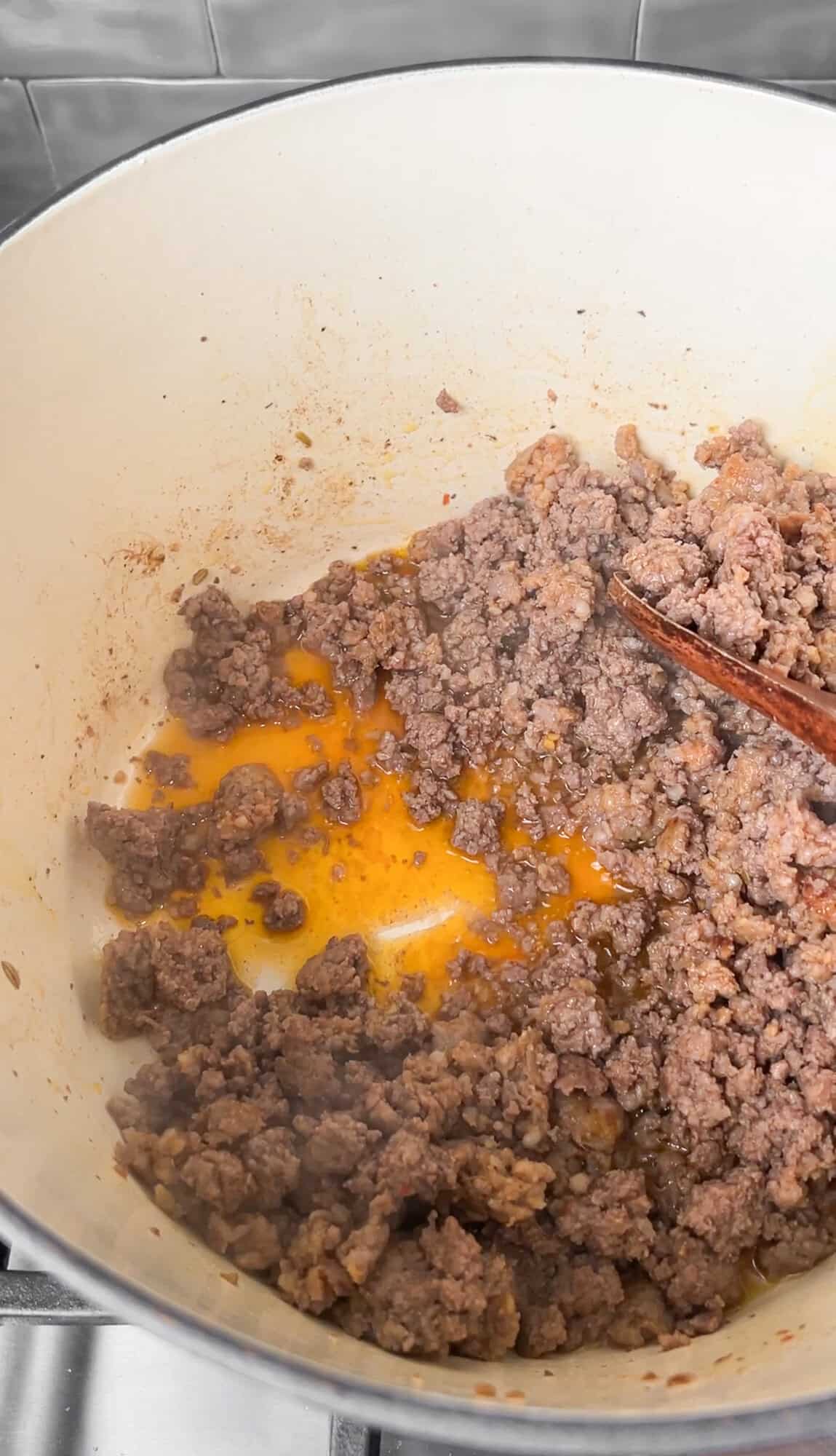 browning the beef and sausage for lasagna soup