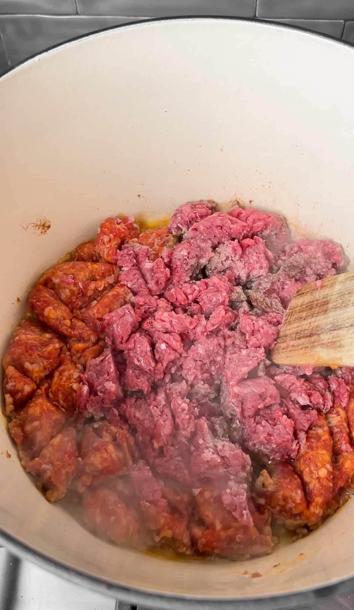 browning the beef and sausage for lasagna soup