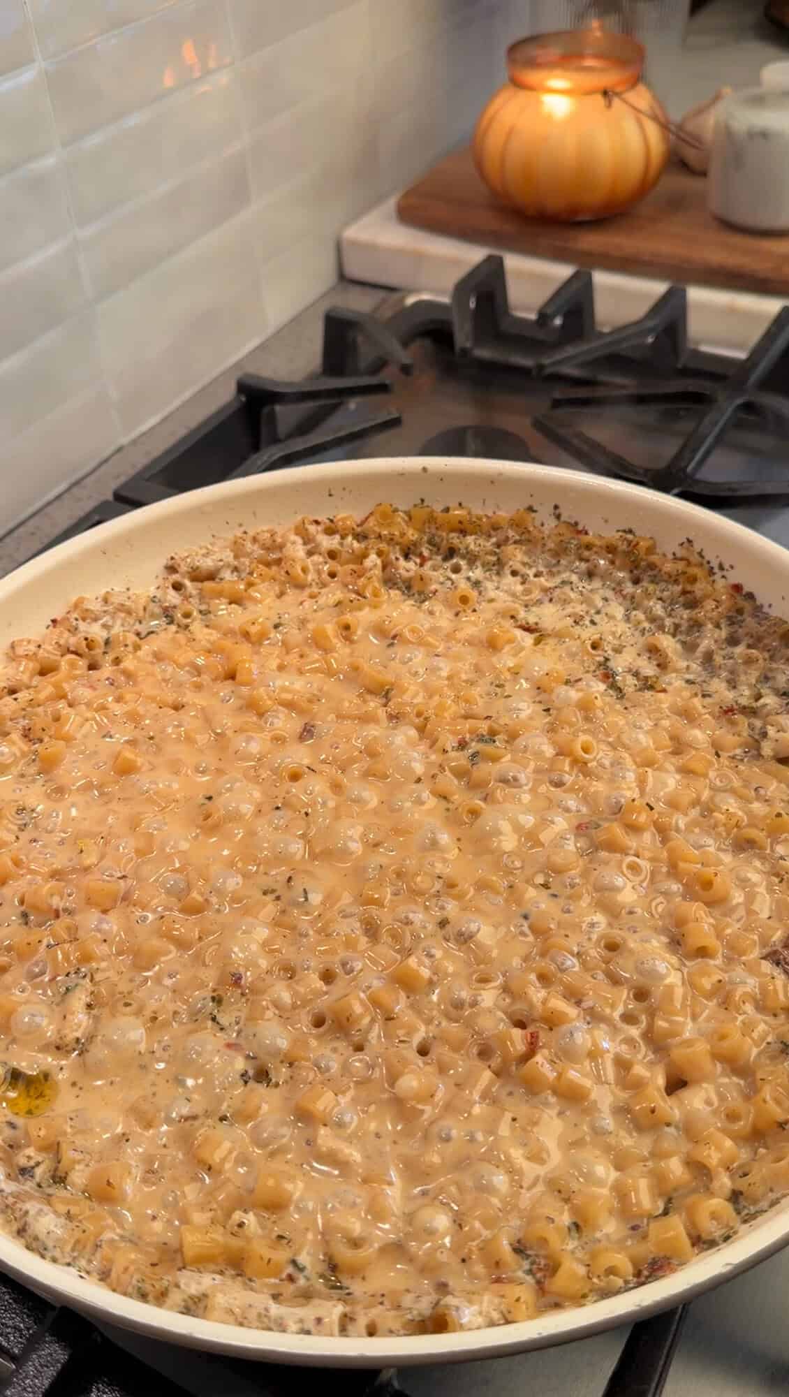 one pan cooking process of meatball pasta