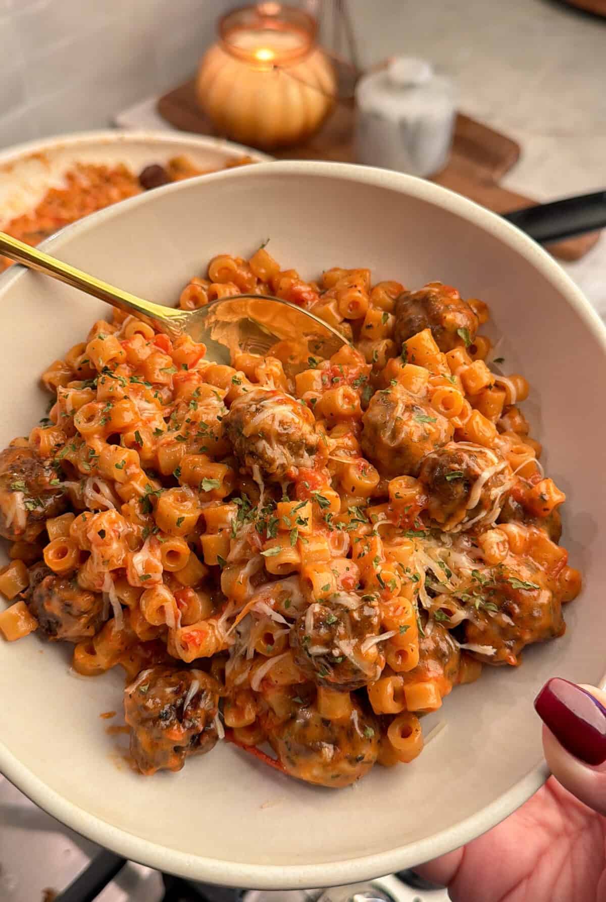 meatball pasta in a bowl