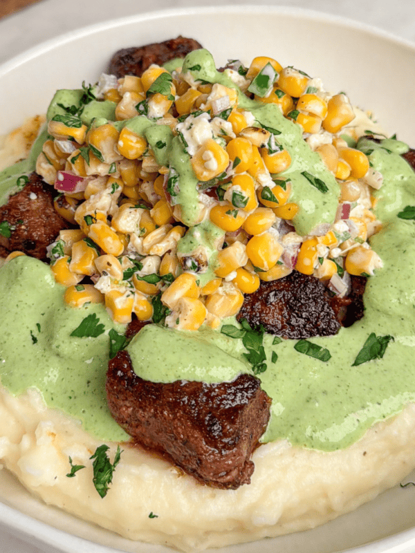 steak bowls with mashed potatoes and street corn