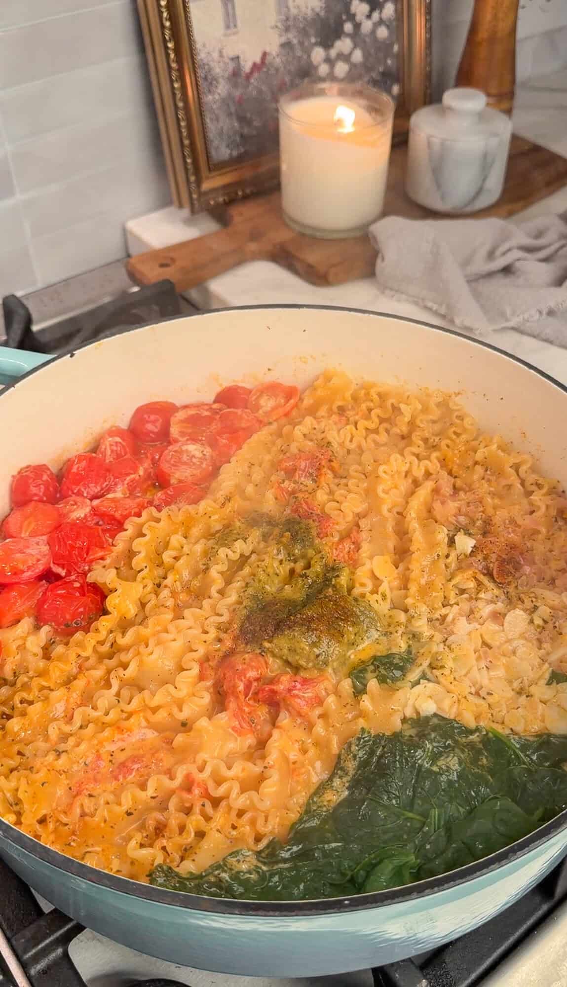 creamy tomato pasta after being simmered
